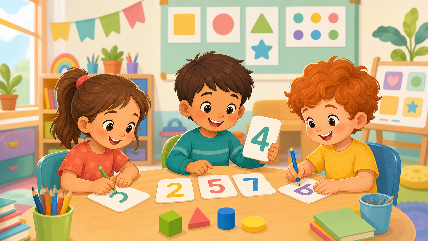 ילדים מתרגלים אותיות ומספרים בכיתה