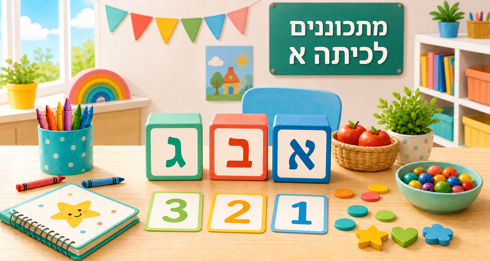 שולחן למידה צבעוני עם קוביות אותיות, כרטיסי מספרים וצבעים