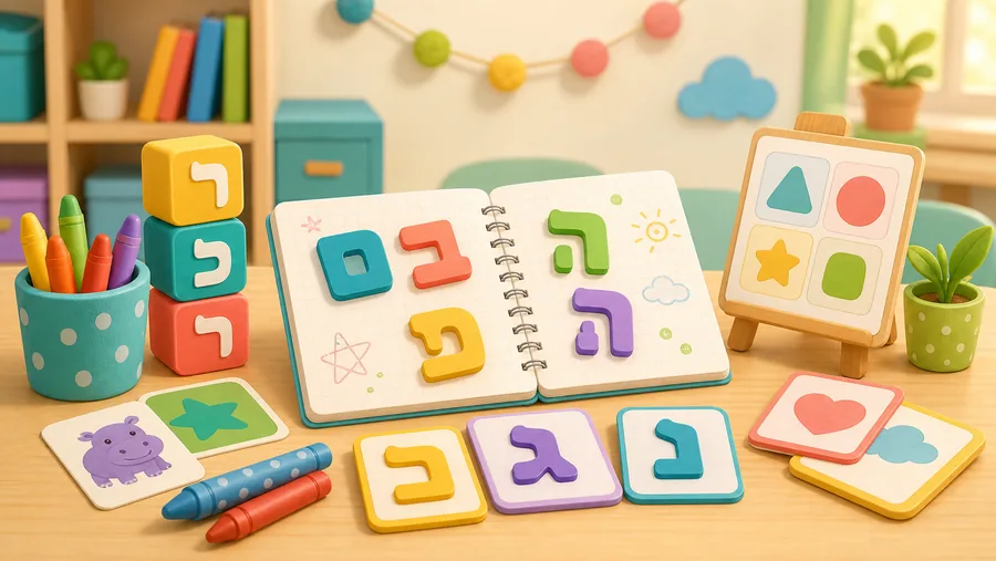 מחברת, צבעים וקוביות עם אותיות