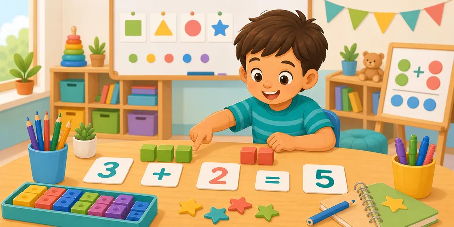 ילד פותר תרגיל חשבון פשוט עם קוביות