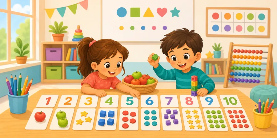 ילדים סופרים עם כרטיסי מספרים וחפצים