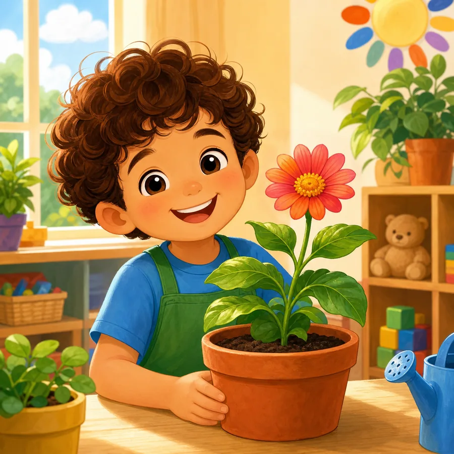 ילד מחייך ליד עציץ עם פרח אחרי סידור סיפור בתמונות