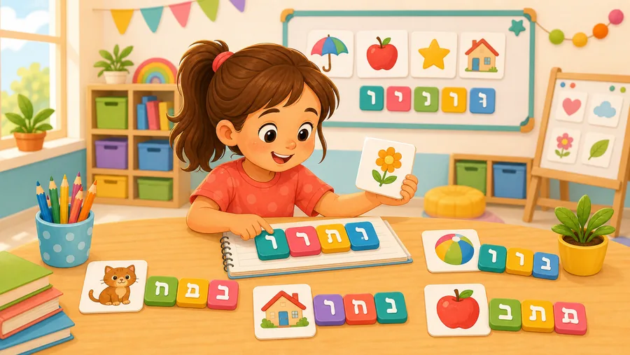 ילדה בונה מילים קצרות עם קוביות אותיות