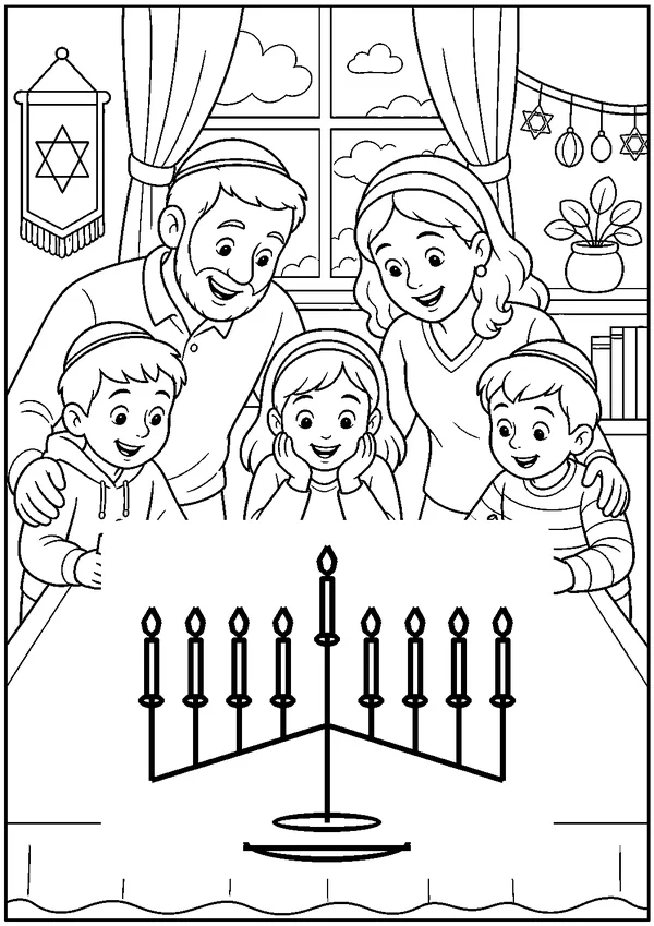 דף צביעה חנוכה להדפסה: משפחה מדליקה חנוכייה