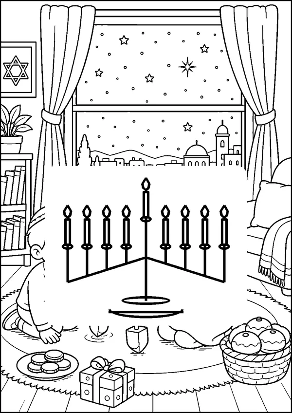 דף צביעה חנוכה להדפסה: חנוכייה בחלון