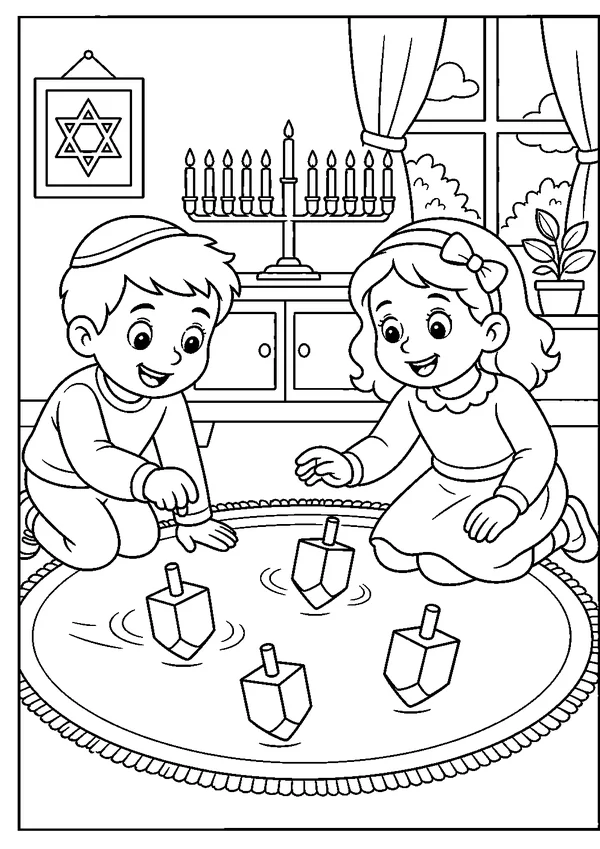 דף צביעה חנוכה להדפסה: משחק סביבונים