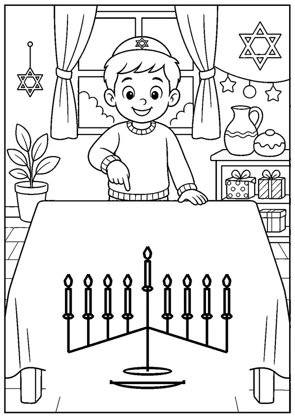 דף צביעה חנוכה להדפסה: מסדרים נרות בחנוכייה