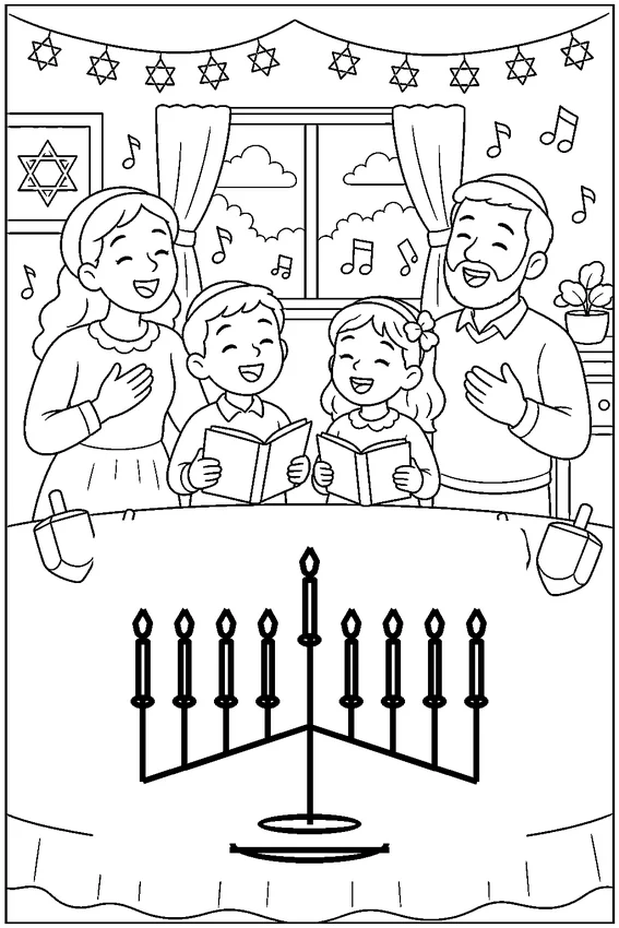 דף צביעה חנוכה להדפסה: שרים ליד החנוכייה