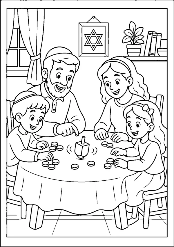 דף צביעה חנוכה להדפסה: משחק סביבון משפחתי