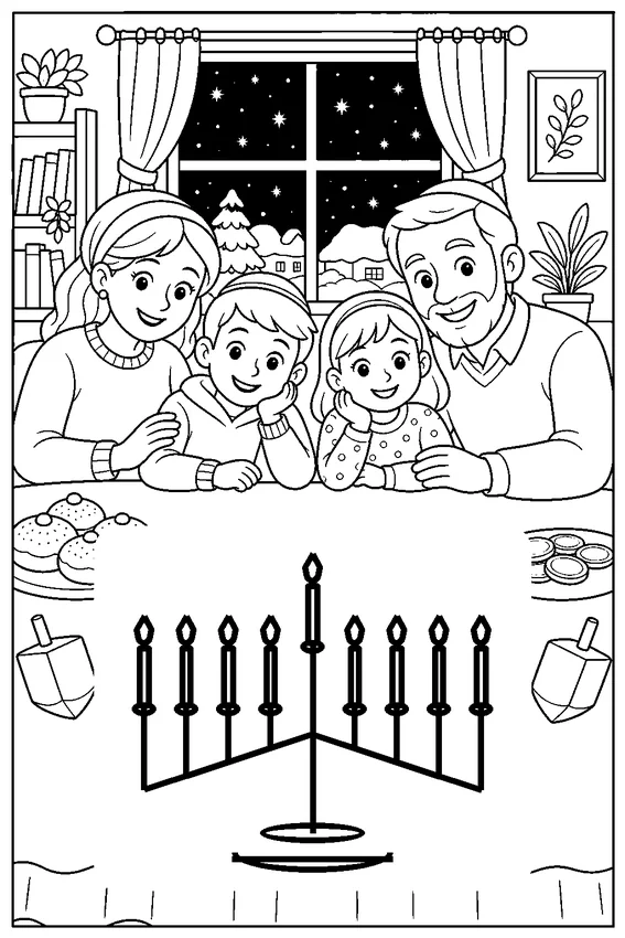 דף צביעה חנוכה להדפסה: ערב חנוכה משפחתי