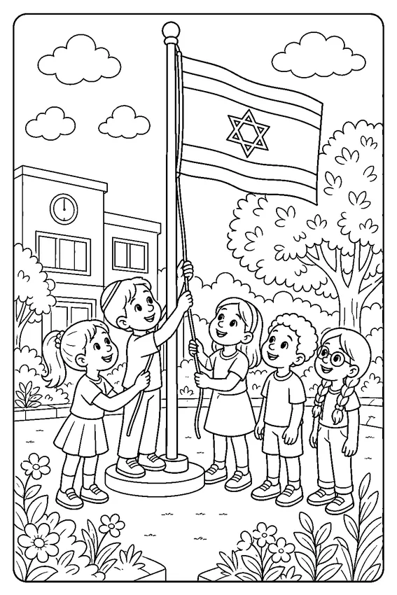 דף צביעה יום העצמאות להדפסה: טקס הנפת דגל
