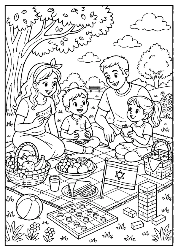 דף צביעה יום העצמאות להדפסה: פיקניק משפחתי