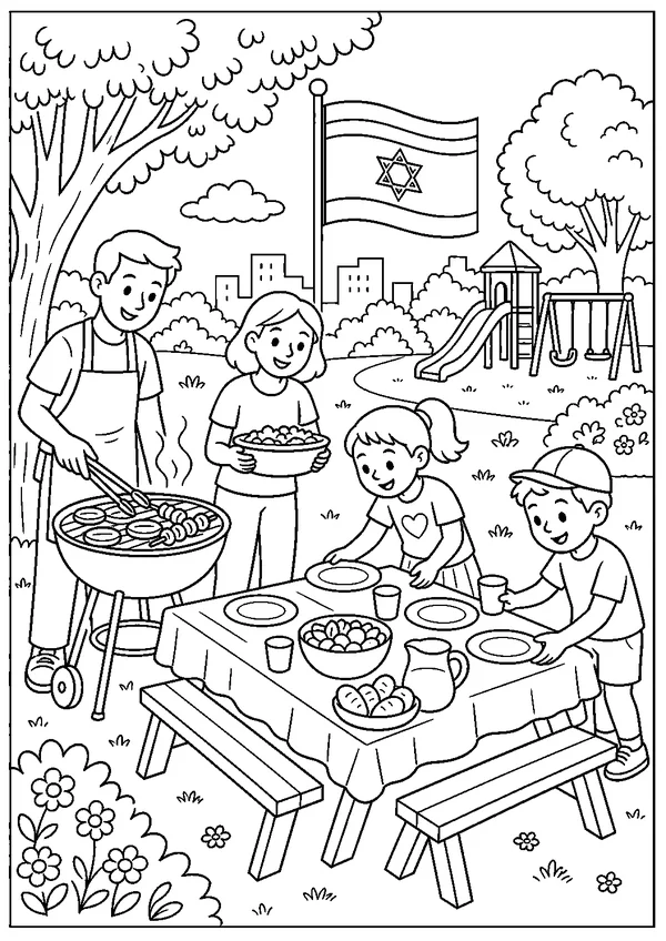 דף צביעה יום העצמאות להדפסה: על האש משפחתי