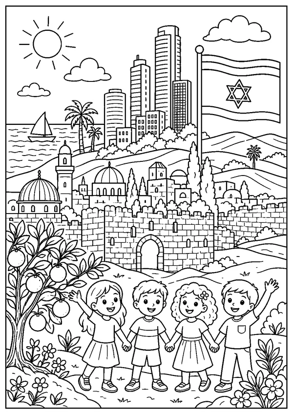 דף צביעה יום העצמאות להדפסה: נופי ישראל