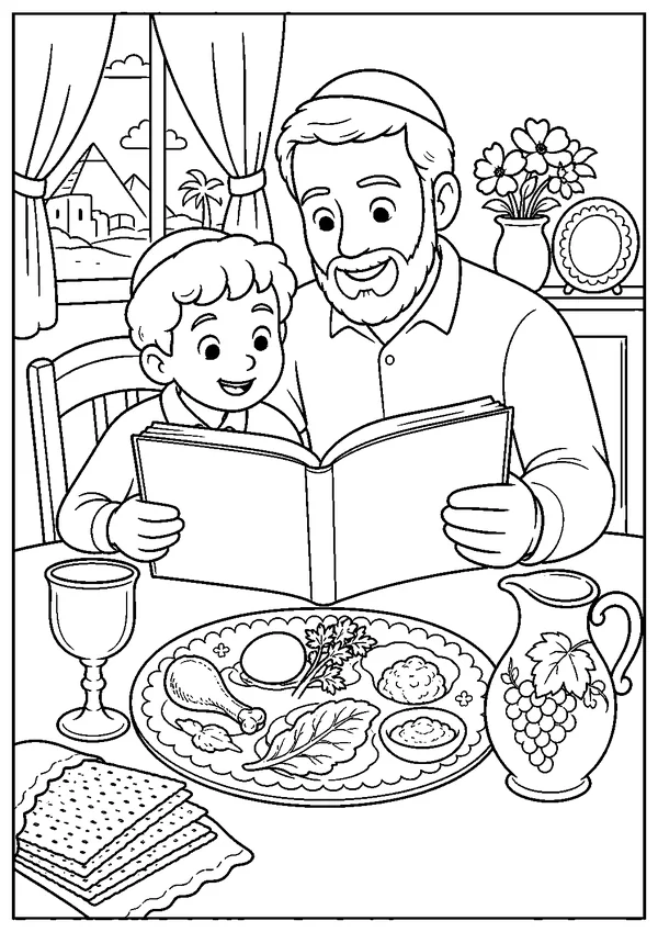 דף צביעה פסח להדפסה: קוראים בהגדה