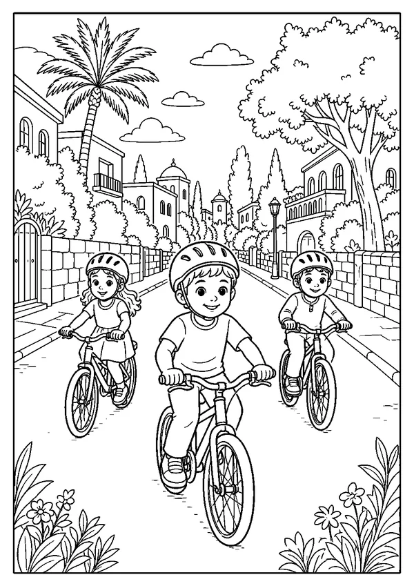 דף צביעה יום כיפור להדפסה: רחוב שקט עם אופניים